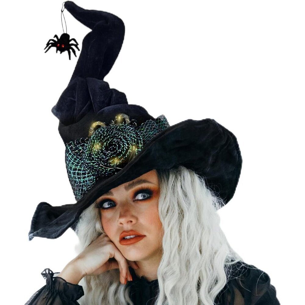 Halloween Black Velvet Witch Hat with Light Up Flower & Spider for Cosplay